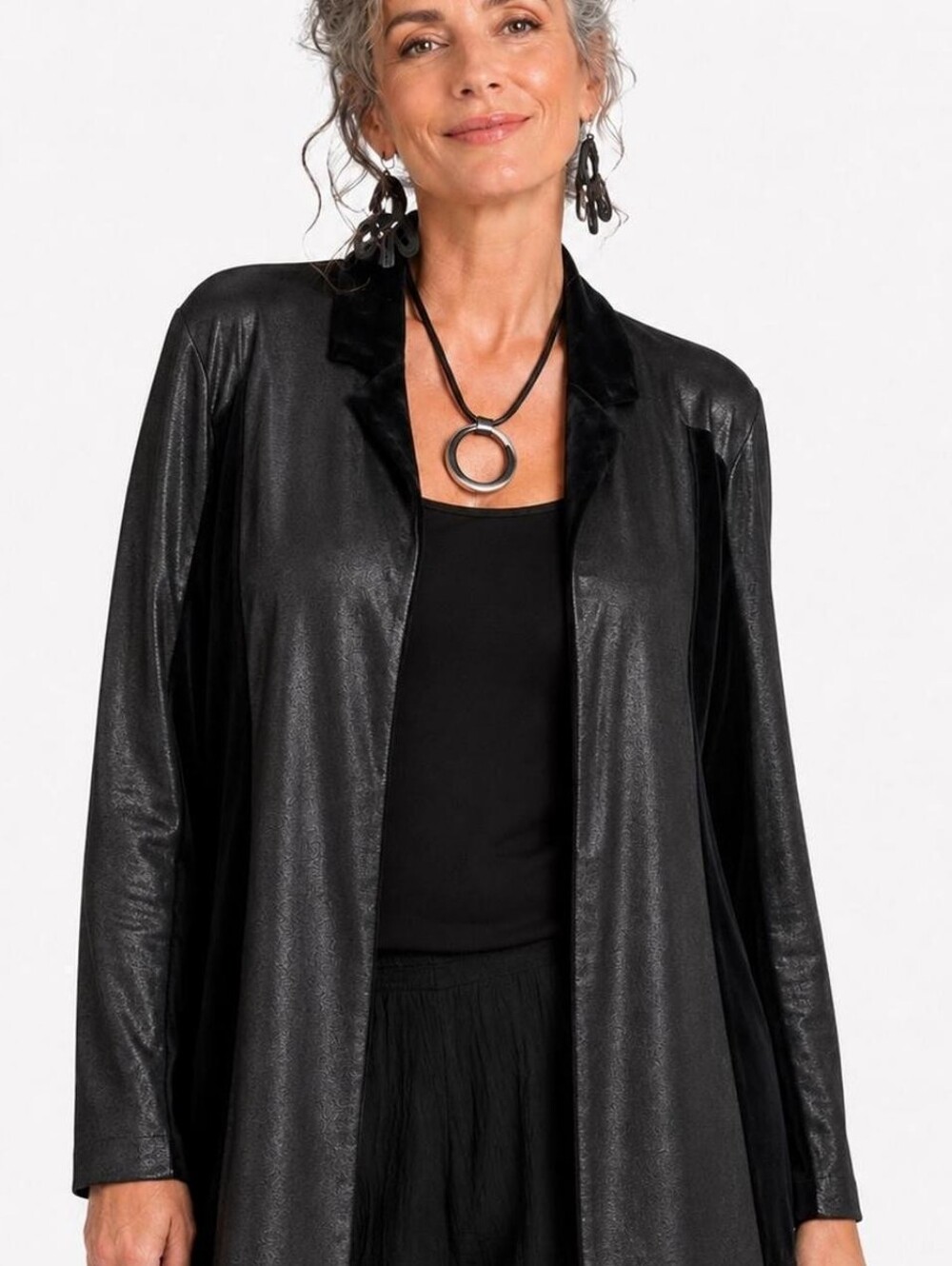 Chicos Travelers Open Front Black Cardigan Faux Leather Slinky Knit Sz 2 L